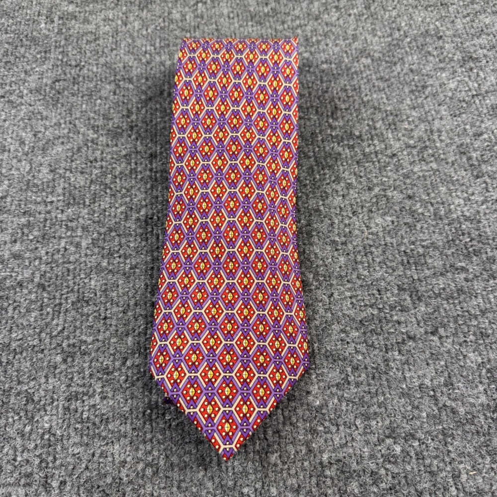 Hermes Silk Necktie Mens OS Purple Red Geometric Diamond Excellent Luxury France